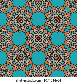 Abstract seamless backdrop. Design for prints, textile, decor, fabric. Round colorful texture in beige and blue colors. Mandala background