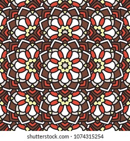 Abstract seamless backdrop. Design for prints, textile, decor, fabric. Round colorful texture in brown, red and white colors. Mandala background