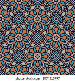 Abstract seamless backdrop. Design for prints, textile, decor, fabric. Round colorful texture in blue and turquoise colors. Mandala background