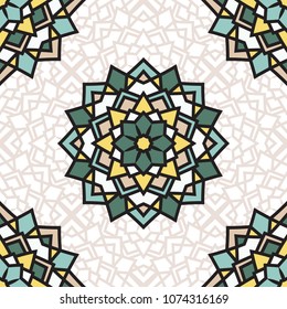 Abstract seamless backdrop. Design for prints, textile, decor, fabric. Round colorful texture in green, yellow  and white colors. Mandala background