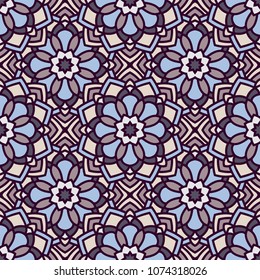 Abstract seamless backdrop. Design for prints, textile, decor, fabric. Round colorful texture in blue and soft pink colors. Mandala background