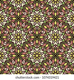 Abstract seamless backdrop. Design for prints, textile, decor, fabric. Round colorful texture in yellow, green and soft brown colors. Mandala background