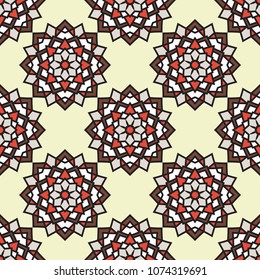 Abstract seamless backdrop. Design for prints, textile, decor, fabric. Round colorful texture in red, yellow and brown colors. Mandala background