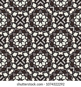 Abstract seamless backdrop. Design for prints, textile, decor, fabric. Round colorful texture in brown, gray and white colors. Mandala background