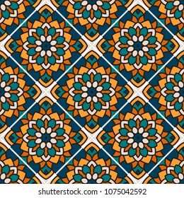 Abstract seamless backdrop. Design for prints, textile, decor, fabric. Round colorful texture in orange, blue and yellow colors. Mandala background. Tile pattern