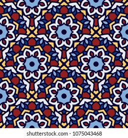 Abstract seamless backdrop. Design for prints, textile, decor, fabric. Round colorful texture in blue, red and black colors. Mandala background