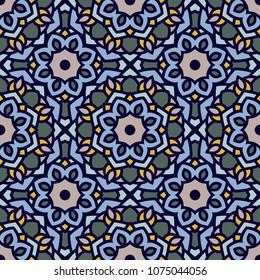 Abstract seamless backdrop. Design for prints, textile, decor, fabric. Round colorful texture in blue and yellow colors. Mandala background