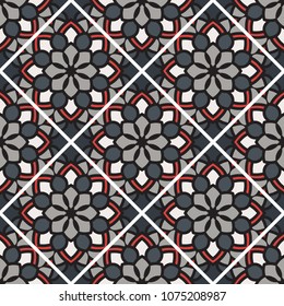 Abstract seamless backdrop. Design for prints, textile, decor, fabric. Round colorful texture in gray, red and white colors. Mandala background. Tile pattern