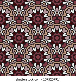 Abstract seamless backdrop. Design for prints, textile, decor, fabric. Round colorful texture in red and lilac colors. Mandala background