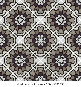 Abstract seamless backdrop. Design for prints, textile, decor, fabric. Round colorful texture in gray and white colors. Mandala background. Tile pattern
