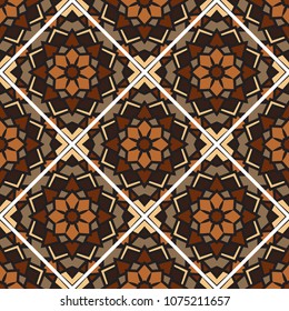 Abstract seamless backdrop. Design for prints, textile, decor, fabric. Round colorful texture in brown, gray and white colors. Mandala background. Tile pattern
