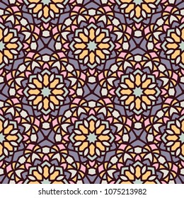 Abstract seamless backdrop. Design for prints, textile, decor, fabric. Round colorful texture in lilac, rose and yellow colors. Mandala background