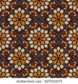 Abstract seamless backdrop. Design for prints, textile, decor, fabric. Round colorful texture in violet, brown and beige colors. Mandala background