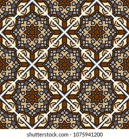 Abstract seamless backdrop. Design for prints, textile, decor, fabric. Round colorful texture in brown and beige colors. Mandala background. Tile pattern