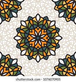 Abstract seamless backdrop. Design for prints, textile, decor, fabric. Round colorful texture in green and blue colors. Mandala background