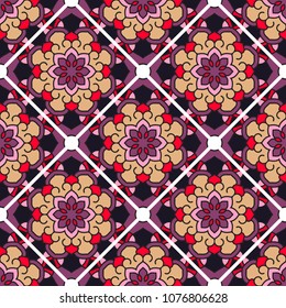 Abstract seamless backdrop. Design for prints, textile, decor, fabric. Round colorful texture in red and violet colors. Mandala background