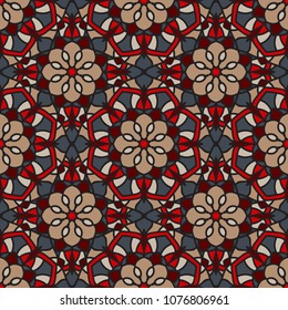 Abstract seamless backdrop. Design for prints, textile, decor, fabric. Round colorful texture in blue, beige and red colors. Mandala background
