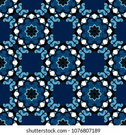 Abstract seamless backdrop. Design for prints, textile, decor, fabric. Round colorful texture in black, blue and white colors. Mandala background
