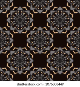 Abstract seamless backdrop. Design for prints, textile, decor, fabric. Round colorful texture in gray, black and orange colors. Mandala background