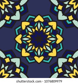 Abstract seamless backdrop. Design for prints, textile, decor, fabric. Round colorful texture in blue and yellow colors. Mandala background