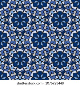 Abstract seamless backdrop. Design for prints, textile, decor, fabric. Round colorful texture in blue and white colors. Mandala background