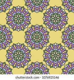 Abstract seamless backdrop. Design for prints, textile, decor, fabric. Round colorful texture in violet and yellow colors. Mandala background