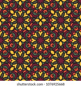 Abstract seamless backdrop. Design for prints, textile, decor, fabric. Round colorful texture in red and yellow colors. Mandala background