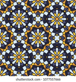 Abstract seamless backdrop. Design for prints, textile, decor, fabric. Round colorful texture in blue and yellow colors. Mandala flower background