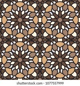 Abstract seamless backdrop. Design for prints, textile, decor, fabric. Round colorful texture in brown and beige colors. Mandala flower background