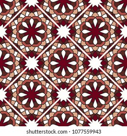 Abstract seamless backdrop. Design for prints, textile, decor, fabric. Round colorful texture in red and white colors. Mandala flower background. Tile pattern