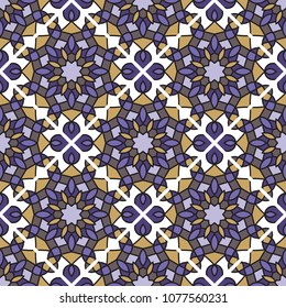 Abstract seamless backdrop. Design for prints, textile, decor, fabric. Round colorful texture in violet and beige colors. Mandala flower background. Tile pattern