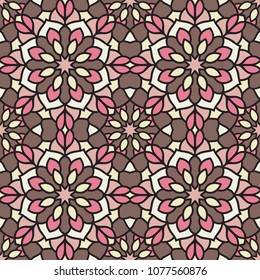 Abstract seamless backdrop. Design for prints, textile, decor, fabric. Round colorful texture in rose and white colors. Mandala flower background