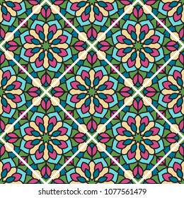 Abstract seamless backdrop. Design for prints, textile, decor, fabric. Round colorful texture in pink, blue and green colors. Mandala flower background. Tile pattern