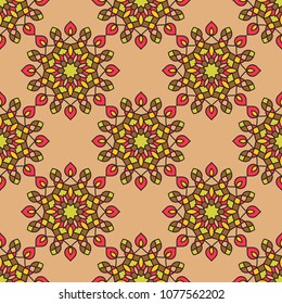 Abstract seamless backdrop. Design for prints, textile, decor, fabric. Round colorful texture in green, brown and yellow colors. Mandala flower background