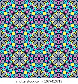 Abstract seamless backdrop. Design for prints, textile, decor, fabric. Round colorful texture in gray, blue, yellow and rose colors. Mandala flower background