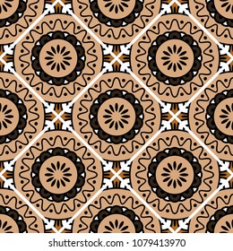Abstract seamless backdrop. Design for prints, textile, decor, fabric. Round colorful texture in beige and brown colors. Mandala background