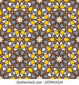 Abstract seamless backdrop. Design for prints, textile, decor, fabric. Round colorful texture in gray blue and yellow colors. Mandala flower background