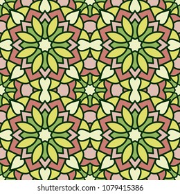 Abstract seamless backdrop. Design for prints, textile, decor, fabric. Round colorful texture in green, yellow and red colors. Mandala flower background
