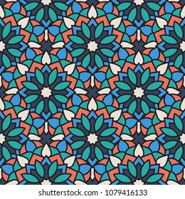 Abstract seamless backdrop. Design for prints, textile, decor, fabric. Round colorful texture in blue, turquoise and red colors. Mandala flower background