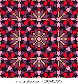 Abstract seamless backdrop. Design for prints, textile, decor, fabric. Round colorful texture in red, blue and violet colors. Mandala flower background