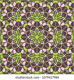 Abstract seamless backdrop. Design for prints, textile, decor, fabric. Round colorful texture in green and lilac colors. Mandala flower background