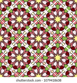 Abstract seamless backdrop. Design for prints, textile, decor, fabric. Round colorful texture in green, red and white colors. Mandala flower background