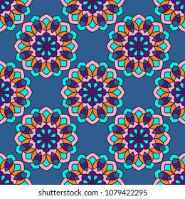 Abstract seamless backdrop. Design for prints, textile, decor, fabric. Round colorful texture in blue, violet and yellow colors. Mandala flower background