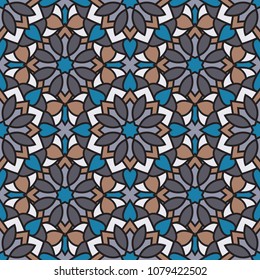 Abstract seamless backdrop. Design for prints, textile, decor, fabric. Round colorful texture in blue, brown and white colors. Mandala flower background