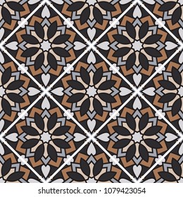 Abstract seamless backdrop. Design for prints, textile, decor, fabric. Round colorful texture in gray, brown and black colors. Mandala flower background