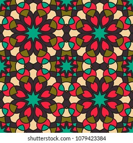 Abstract seamless backdrop. Design for prints, textile, decor, fabric. Round colorful texture in green, red and brown colors. Mandala flower background