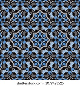 Abstract seamless backdrop. Design for prints, textile, decor, fabric. Round colorful texture in blue and gray colors. Mandala background