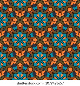 Abstract seamless backdrop. Design for prints, textile, decor, fabric. Round colorful texture in orange and blue colors. Mandala flower background