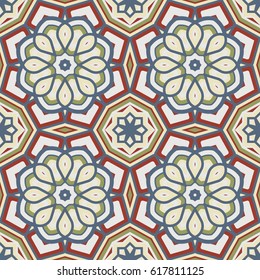 Abstract seamless backdrop. Design for prints, textile, decor, fabric. Round colorful texture in beige and blue colors