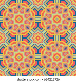 Abstract seamless backdrop. Design for prints, textile, decor, fabric. Round colorful texture in blue and yellow colors